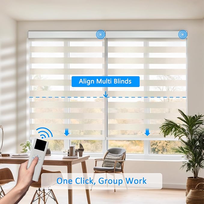 COOLWINDS Motorized Zebra Blinds for Windows Cordless Electric Curtains with Remote Control Blackout Shades Custom Smart Blinds Compatible with Alexa Google Home(Light Filtering Beige,W55 X 72in)