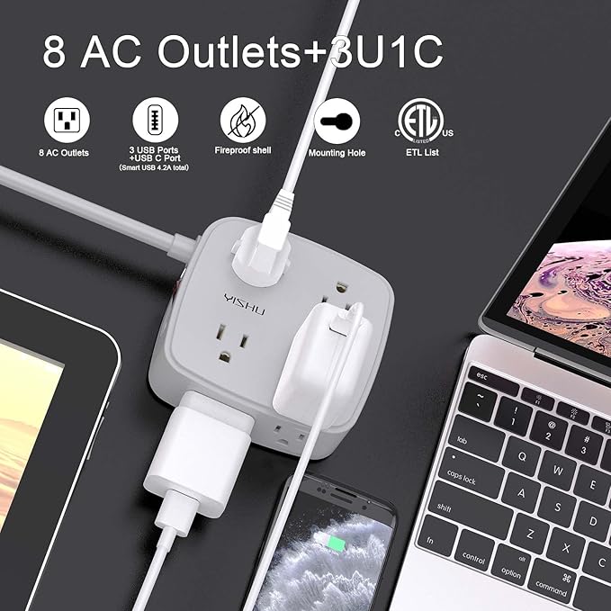 6 Ft Surge Protector Power Strip - 8 Widely Outlets with 4 USB Ports, 3 Side Outlet Extender with 6 Feet Extension Cord, Flat Plug, Wall Mount, Desk USB Charging Station, ETL, Grey