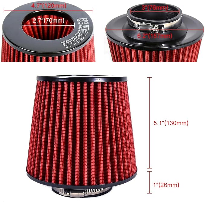 KYOSTAR Universal 3" High-Flow Air Filter, Reusable Cone Cold Air Intake - Image 2