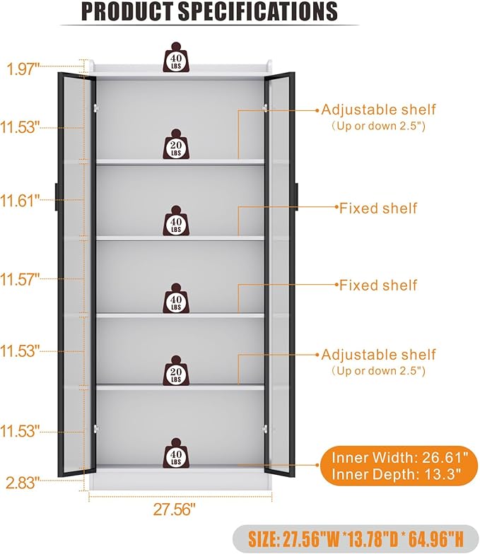 Dystler Display Cabinet with Doors and Adjustable Shelves, 65" Tall Bookcase with LED Lights/Human Sensor, 5 Tier Display Case for Collectibles Bedroom Living Room Office, White