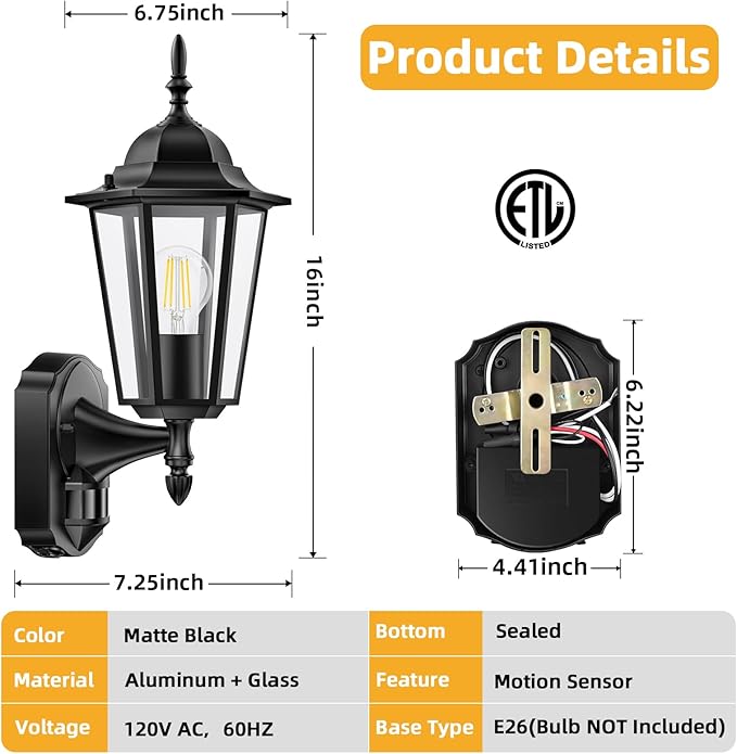 Lamomo 2 Pack Motion Sensor Outdoor Lights, Upgrade Dusk to Dawn Exterior Light Fixture Wall Mounted, 100% Anti-Rust Aluminum Waterproof Porch Lights for Patio Front Door Garage