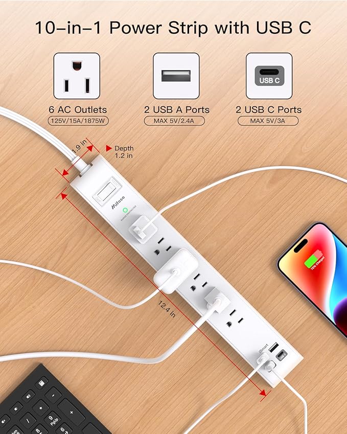 2 Pack Power Strip Surge Protector, Flat Plug Extension Cord with 4 USB Ports(2 USB-C) 6 AC Outlets, USB Charging Station, Wall Mountable for Home, Office, Dorm Essentials, 1080J, ETL Listed