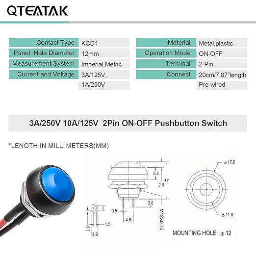 QTEATAK 1/2"(12mm) Pre-Wired Mounting Hole On/Off Blue Mini Round Waterproof Momentary Push Button Switch JF-33B -2Pack