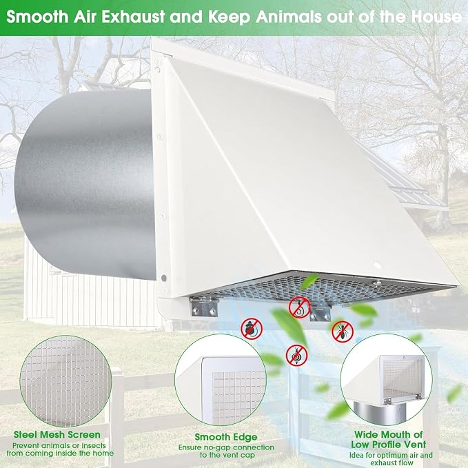 7 Inch Hooded Wall Vent with Mesh and Damper, Wall Vent Hood Duct Cap Exterior - Image 3