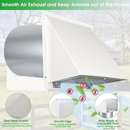7 Inch Hooded Wall Vent with Mesh and Damper, Wall Vent Hood Duct Cap Exterior - Image 3