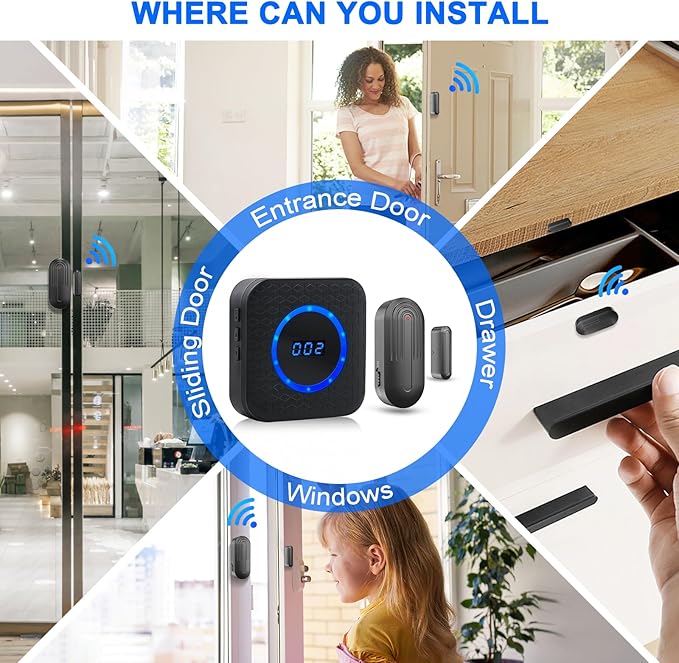 Wireless Door Chime for Business When Entering Door Chimes When Door Opens for Home Door Sensor Alarm with 800Ft Range 55 Chimes 5 Volume Levels Adjustable Number Display(3 Receiver & 3 Sensor)
