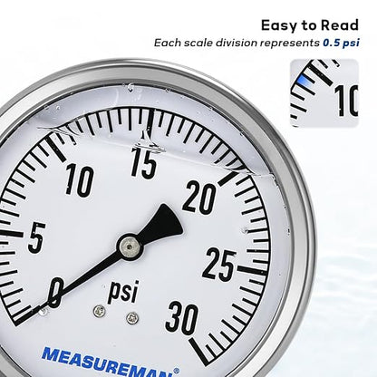 MEASUREMAN Glycerin Filled Plumbing Pressure Gauge 0-30psi Stainless Steel Case - Image 4