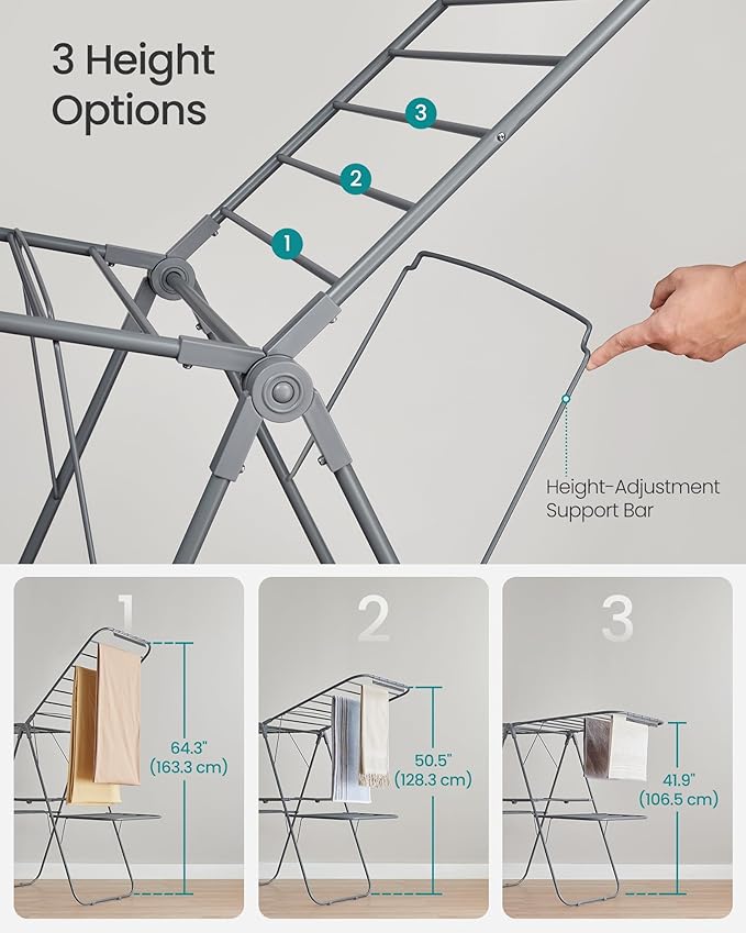 SONGMICS Clothes Drying Rack, Foldable 2-Level Laundry Drying Rack, Free-Standing Laundry Airer, with Height-Adjustable Wings, 33 Drying Rails, Sock Clips, Gray ULLR053G02V1