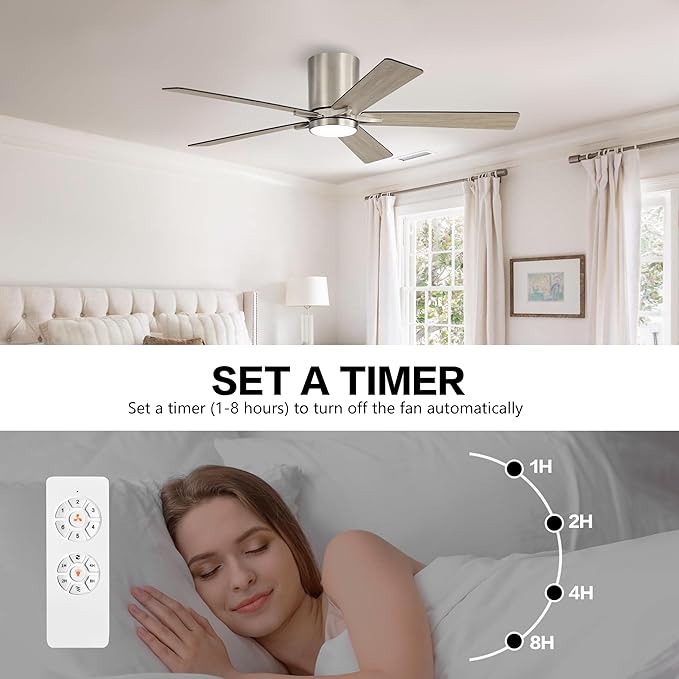 WINGBO 48" DC Flush Mount Ceiling Fan with Lights, 6-Speed Reversible DC Motor, 3CCT, Low Profile Hugger Ceiling Fan for Living Room Bedroom Kitchen, Nickel Finish and Black/Gray Blades