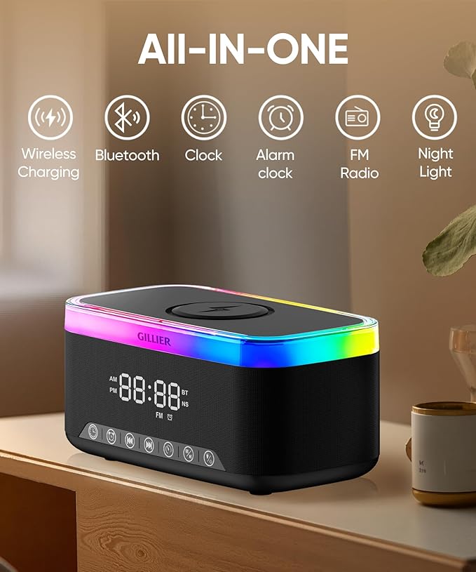 GILLIER Wireless Charging Alarm Clock Radio for Bedrooms – 15W Fast Wireless Charger Station for iPhone/Samsung, Bluetooth Stereo Speaker with FM Radio, Dimmable Display, USB Port, Sleep Timer, Black