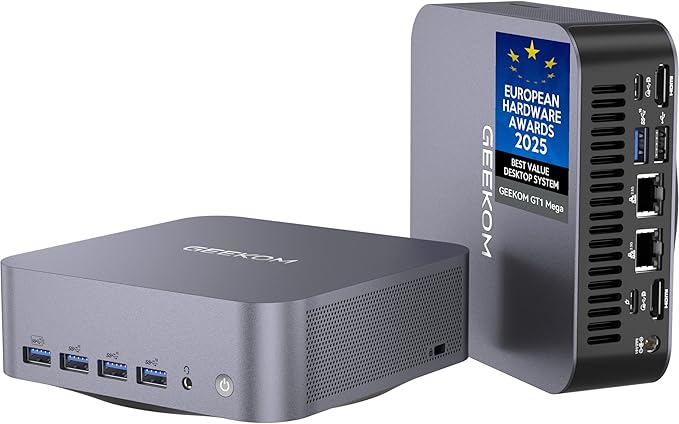 GEEKOM GT1 Mega AI Mini PC, with Intel 14th Gen Core Ultra 9 185H | 32GB DDR5 1TB NVMe SSD | Intel Arc Graphics | Dual 2.5G LAN & WiFi 7 | 8K Quad Display | Windows 11 Pro | 3-Year Warranty | SD Solt