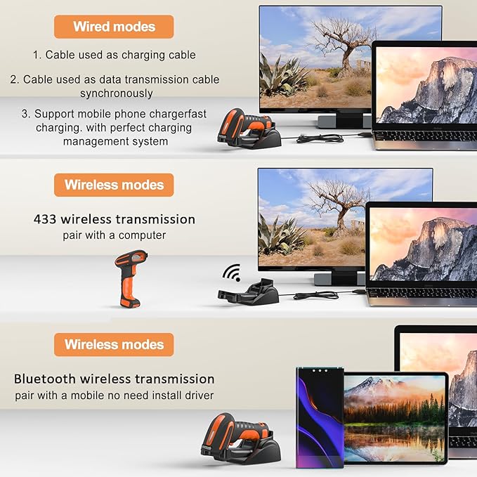 Symcode Bluetooth 2D QR Barcode Scanner with Charging Stand,Industrial Dustproof and Waterproof 3 in 1 Compatible with Bluetooth & 2.4GHz Wireless & Wired Connection with Vibration Alert Orange
