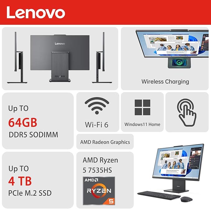 Lenovo IdeaCentre Business All-in-One, 27" FHD Touchscreen 100Hz, AMD Ryzen 5 7535HS, 16GB DDR5 RAM, 2TB SSD, Webcam, Wireless KB & Mouse, Windows 11 Home, Bundle with Adata 64GB USB Flash Drive