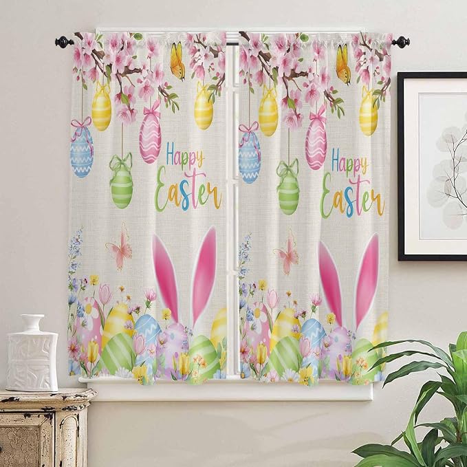Happy Easter Bedroom Curtains 63 Inches length, Spring Farmhouse Bunny Eggs - Image 2