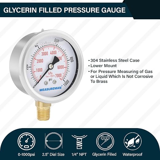 MEASUREMAN 2-1/2inch Dial Size, Liquid Filled Pressure Gauge, 0-1000psi/7000kpa - Image 2