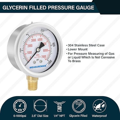 MEASUREMAN 2-1/2inch Dial Size, Liquid Filled Pressure Gauge, 0-1000psi/7000kpa - Image 2
