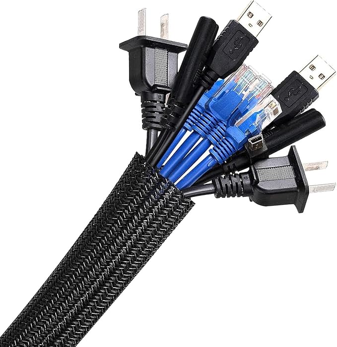 AGPTEK Cable Sleeve Cover, 6.6ft - 1.5 inch Desk Cord Organizer Cable Hider, Home Office Wire Management Computer TV Wire Loom Tubing, Pet Proof Cord Protector, from Cat Dog Chewing, Black