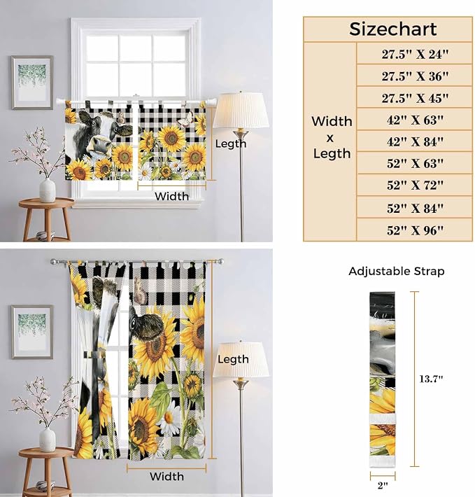 Retro Sunflowers Kitchen Curtains 45 Inch Length, Short Cafe Window Curtains - Image 8