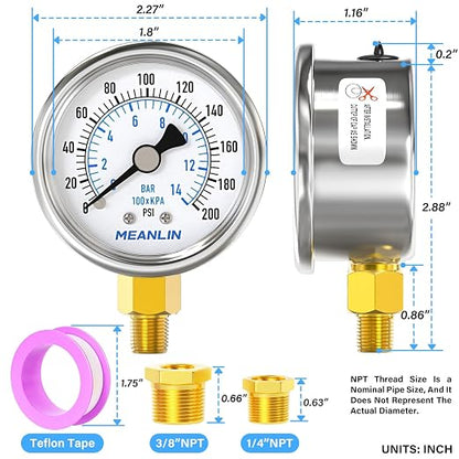 MEANLIN MEASURE 0~200Psi Dry Pressure Gauge Stainless Steel 1/8" NPT 2" FACE - Image 2