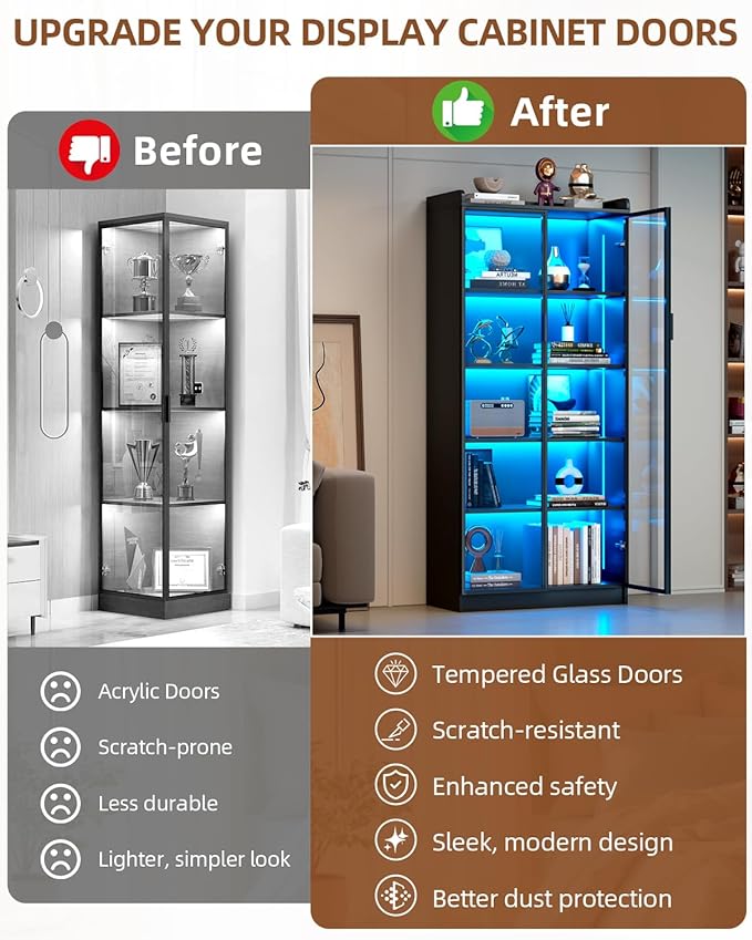 Dystler Display Cabinet with Glass Doors and Shelves, 65" Tall Curio Cabinet with LED Lights/Human Sensor, 5 Tier Display Case for Collectibles Bedroom Living Room Office, Black
