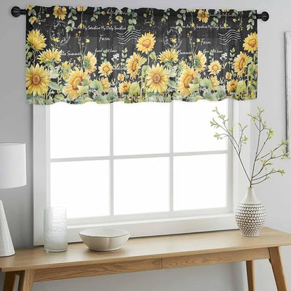 Summer Floral Sheer Valance Curtains, Watercolor Sunflower Eucalyptus Leaves - Image 3