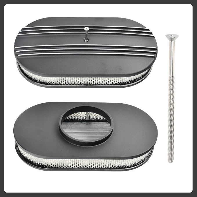15" Black Aluminum Air Cleaner Assembly Kit Alloy Oval Partial Half Finned - Image 2