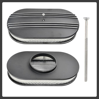 15" Black Aluminum Air Cleaner Assembly Kit Alloy Oval Partial Half Finned - Image 2