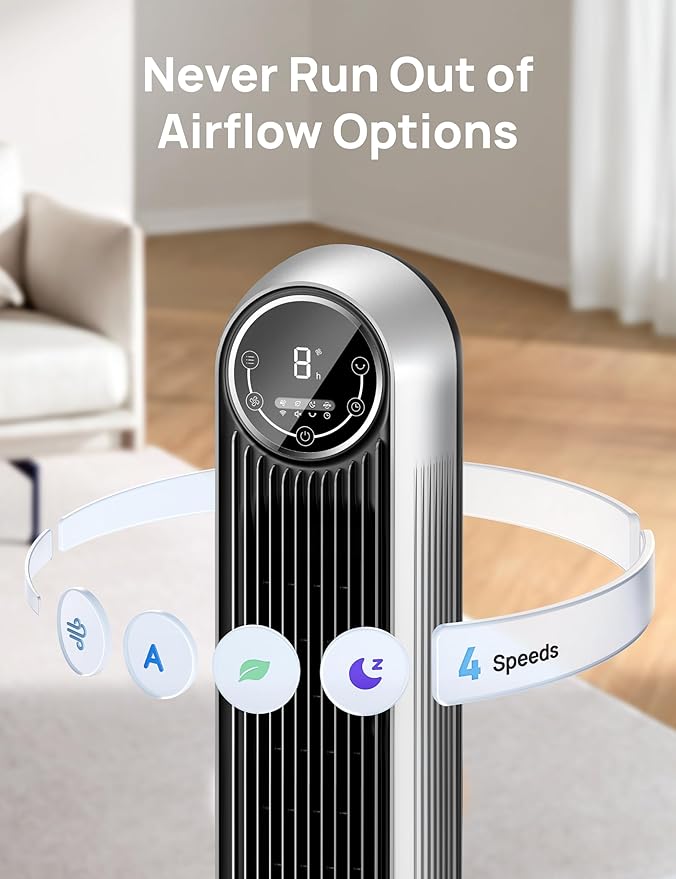 Dreo Tower Fan for Bedroom, 25ft/s Velocity Quiet Floor Fan, 90° Oscillating Fans for Indoors with 4 Speeds, 4 Modes, 8H Timer, Bladeless Fan, Standing Fans, Silver, Nomad One (DR-HTF007)