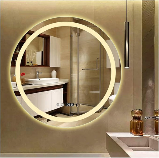 Round Bathroom Mirror with LED Lights and Demister，Round LED Bathroom Mirror by ZXCASDF