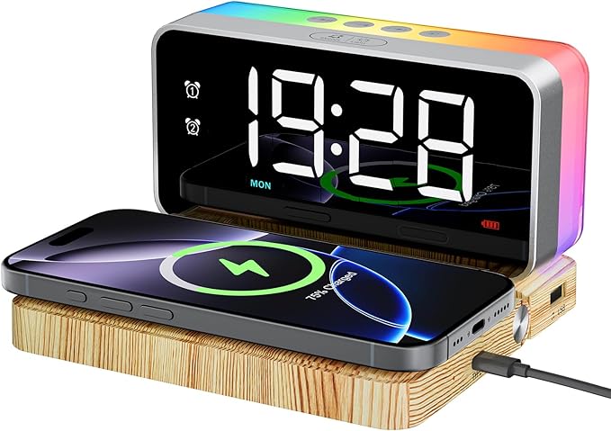 CHOUYONL Alarm Clocks for Bedrooms with Wireless Charger Station, Bluetooth Speaker, Woodgrain, White Noise Sound Machines, RGB Night Lights, Ideal Gift for Adult Man Women Teen Girls Boys
