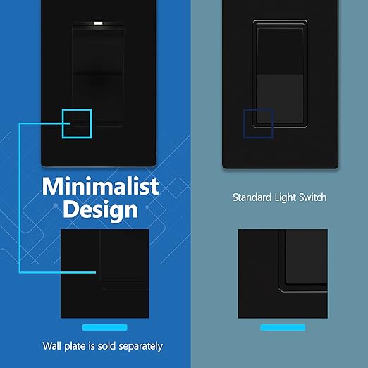 LIDER Lighted Decorator Switch, Residential Grade and UL Listed, Paddle Light Switch with Locator Light, Matte Finish Rocker Switch, Minimalist Design, 1-Pole, 3-Wire, 15A 120-277VAC, Black