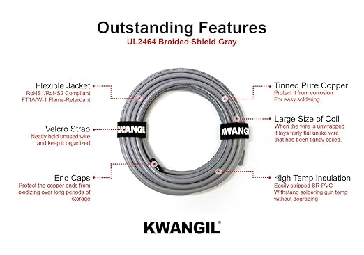 KWANGIL 2C 14AWG AMESB Shielded Cable Wire (UL2464) - Flexible Str TC, PVC Ins, OS+Drain+TC BRD, PVC JKT for CNC Machine, Stepper Motor, VFD Spindle (Gray 25FT)