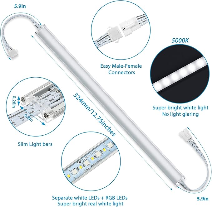 Under Cabinet LED Lights Kit. RGB Color Changing & Super Bright White Lighting. Dimmable with Remote. 6 pcs Linkable LED Light Strips with Power Supply, Extension Cords. Plug in. Max 24W. RGB + 5000K.