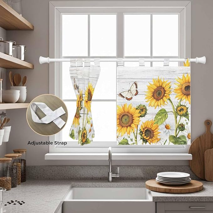 Yellow Sunflowers Kitchen Curtains 36 Inch Length, Small Window Curtains Tab Top - Image 5