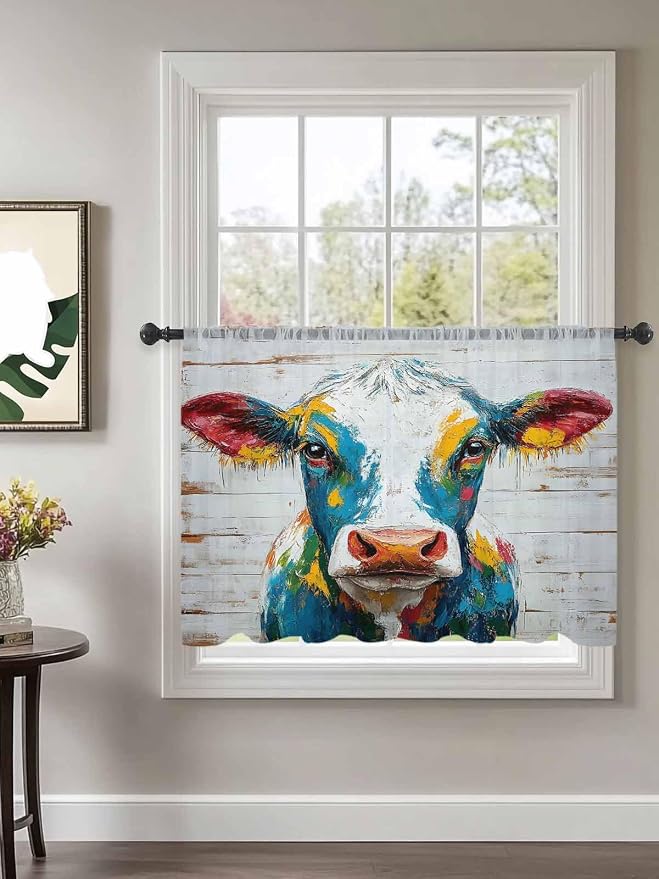 Sheer Curtains 54 Inch Length, Rustic Cow Semi Sheer Curtains Light Filtering - Image 2