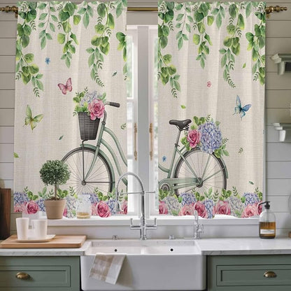 Farmhouse Spring Kitchen Curtains, Retro Bicycles Flowers Vines Butterfly Light - Image 2