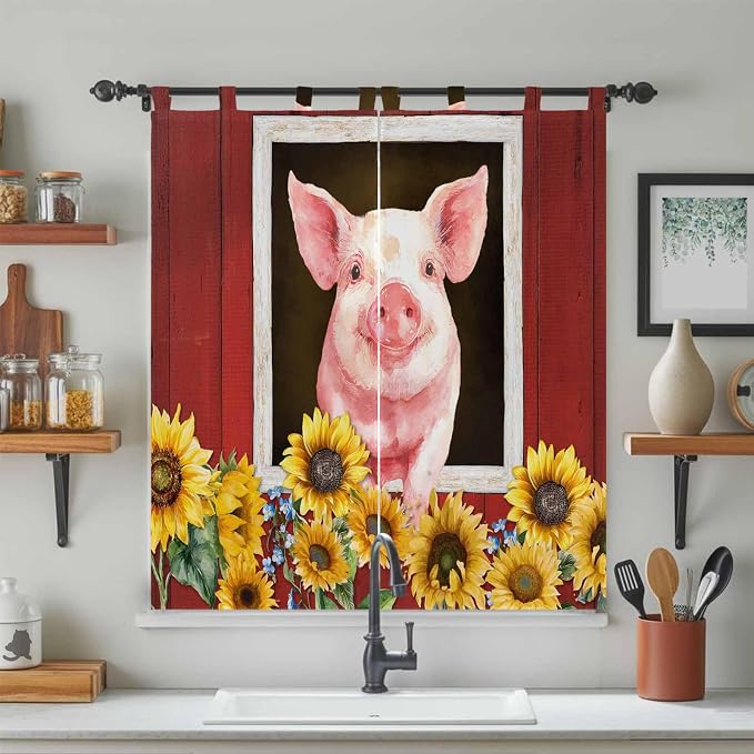 Pigs Sunflowers Living Room Curtains 84 Inch Length, Window Curtains Tab Top - Image 3