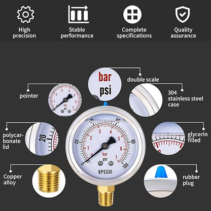 0-100 Psi Glycerin Liquid Filled Low Pressure Gauge, 2.5" Dial Size, 1/4" NPT - Image 3