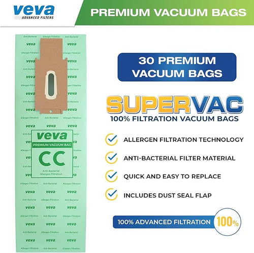 30 Pack Type CC Vacuum Bags for Oreck XL, XL5, XL7, XL21, 2000, 3000, 4000, 7000, 8000, 9000 Upright Vacuum Cleaner, Hypo-Allergenic Bags