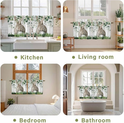 Easter Tier Curtains, Country Rabbit Botanical Leaves Wooden Grain Light - Image 8