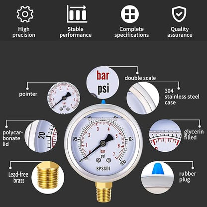 0-100 Psi Lead-Free Glycerin Liquid Filled Low Pressure Gauge, 2.5" Dial Size - Image 4