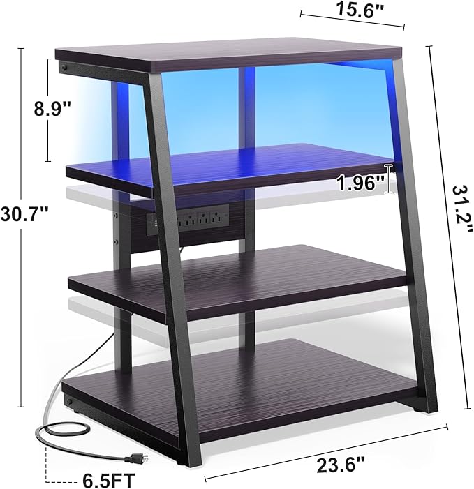 Besiost AV Media Stand with Outlets, Media Console with LED Lights, Stereo Racks and Stands with Storage Shelves, Media Audio Tower Cabinet, Black Enoby