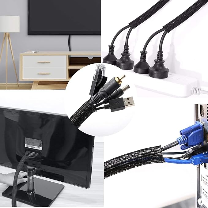 QCSIW 1/2" x 10ft Black/White Cable Sleeve - Protects Cords from Pets & Organizes Wires - Modern Style - Polyester Material - Flame Retardant - Easy to Use & Cut