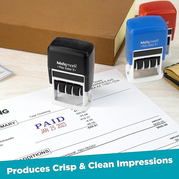 MaxMark Self-Inking Rubber Date Office Stamp with Revised Phrase & Date - Blue Ink (Max Dater)
