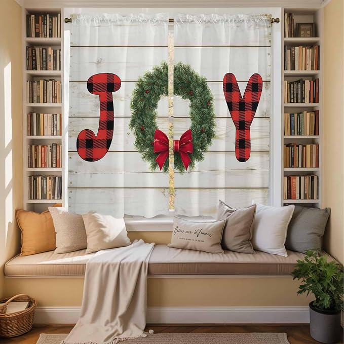 Christmas Wreaths Window Curtains 63 Inch Long 2 Panel Set, Rod Pocket Bedroom - Image 3