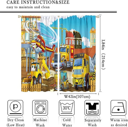 Kids Cartoon Construction Window Curtains, Funny Construction Site Cars and - Image 4