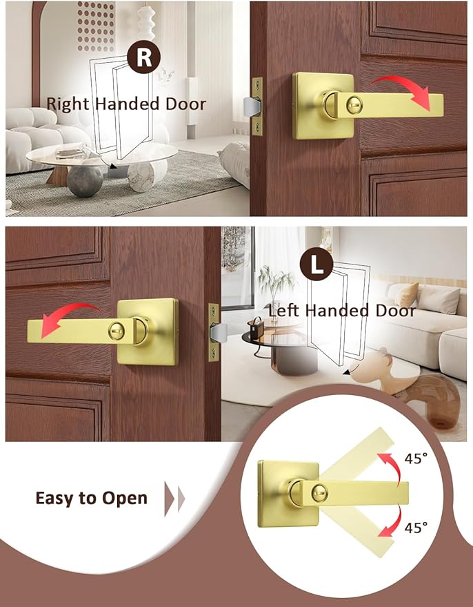 Mengico 2 Pack Gold Privacy Lever Door Handle Interior with Lock, Heavy Duty Square Door Lock for Bed/Bath, Keyless Door Locksets, Reversible for Left Right Handed Doors