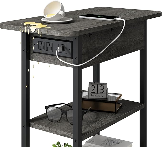LIDYUK End Table with Charging Station, Flip Top Side Table with USB Ports and Outlets, Nightstand for Small Spaces, Bedside Tables with Storage Shelf for Living Room, Bedroom, Dark Grey