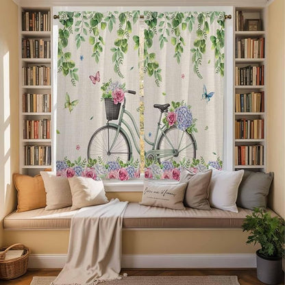 Farmhouse Spring Kitchen Curtains, Retro Bicycles Flowers Vines Butterfly Light - Image 3
