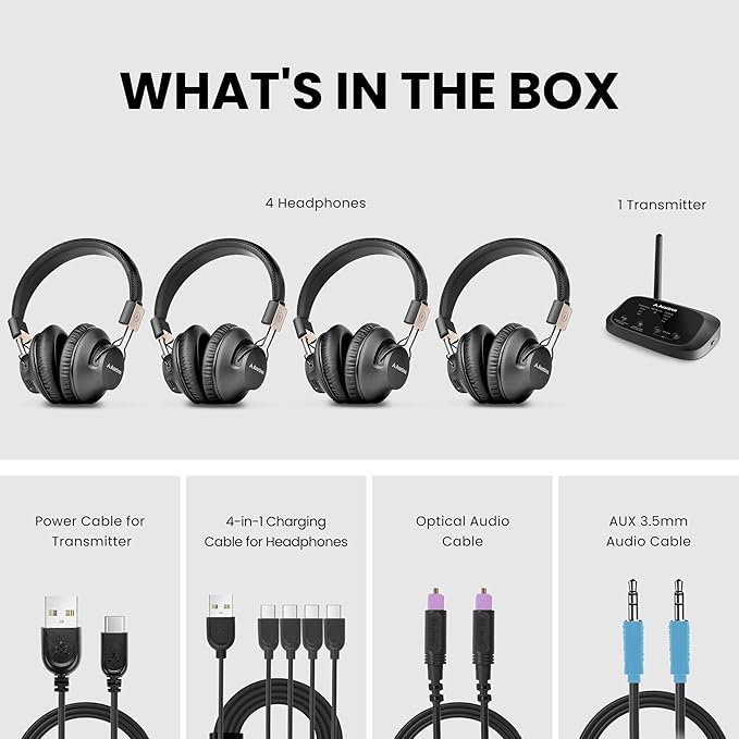 Avantree Quartet 2 - Wireless Group Listening Headphones & Transmitter for TV, Church, Classroom, Silent Discos, Plug & Play, 2.4GHz Expandable Multi-Headphone System with Low Latency & Clear Voice